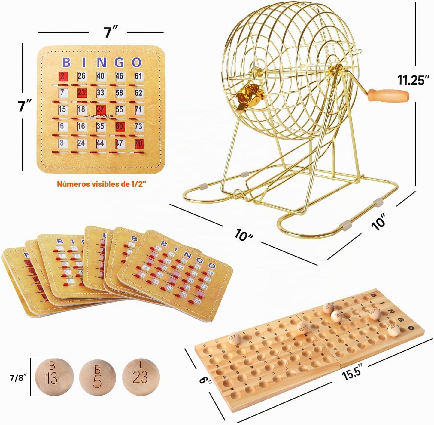 GSE Deluxe Juego de Bingo Juego de Bingo, jaula grande de latón, 10...