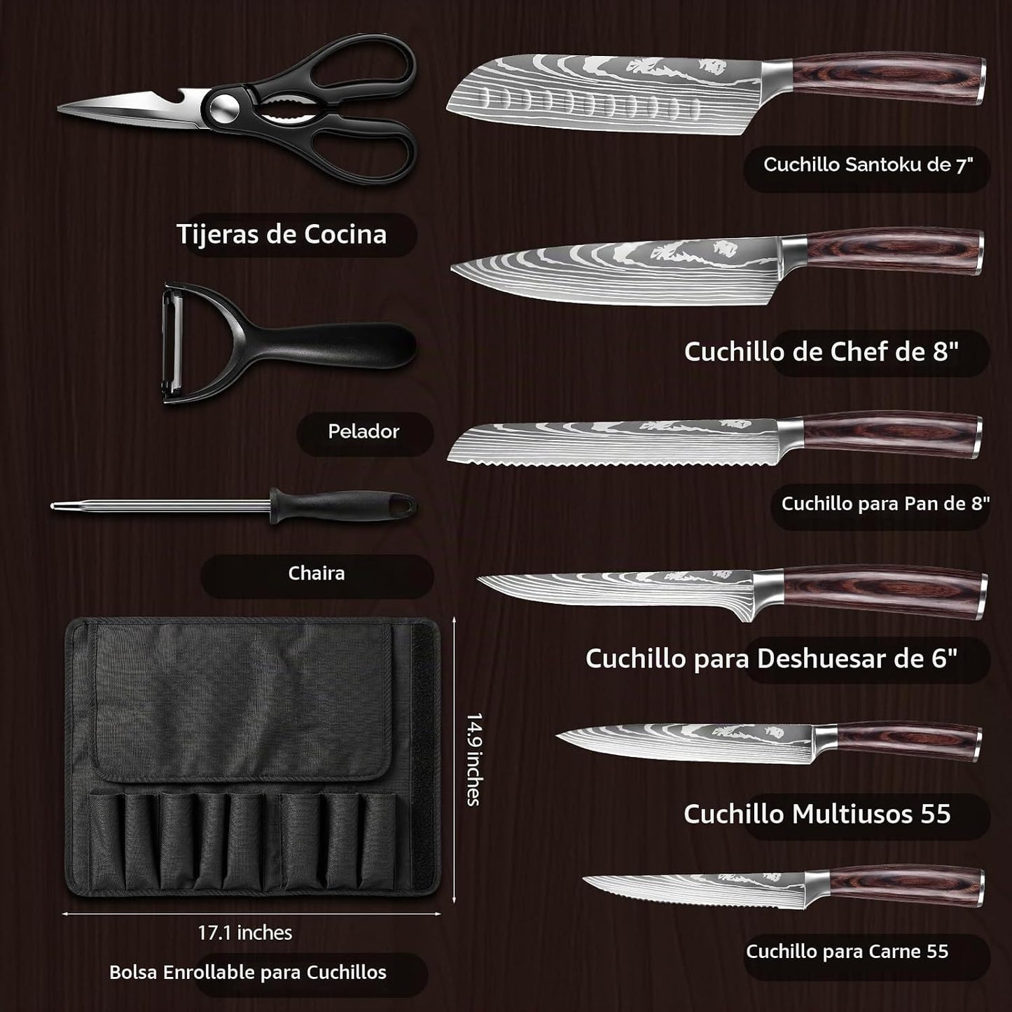 Juego de cuchillos de cocina con bolsa de rollo, juego de 9 cuchill...
