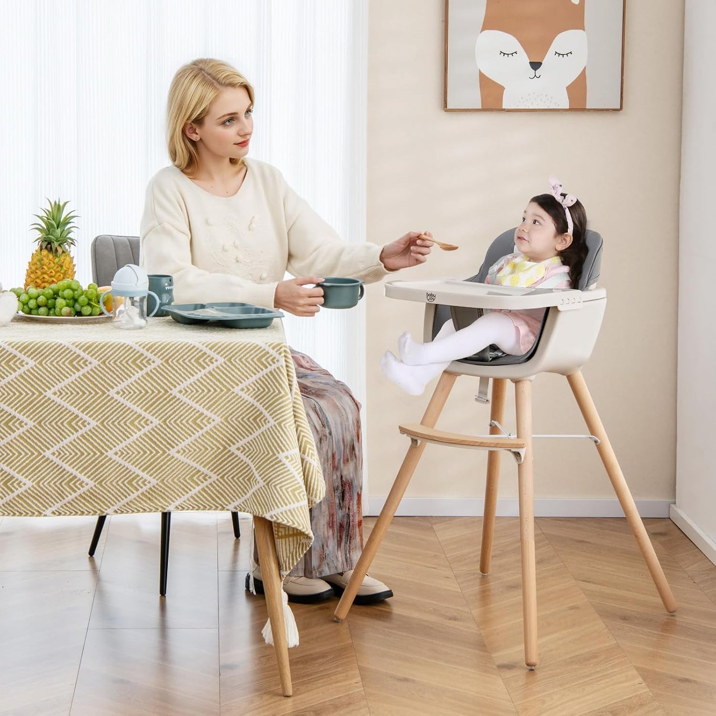 BABY JOY Silla alta para bebé, trona convertible 3 en 1 de madera p...