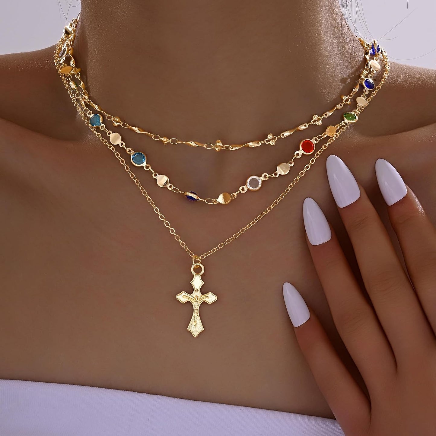 4 piezas de collares de cruz dorados en capas para mujer, modernos,...