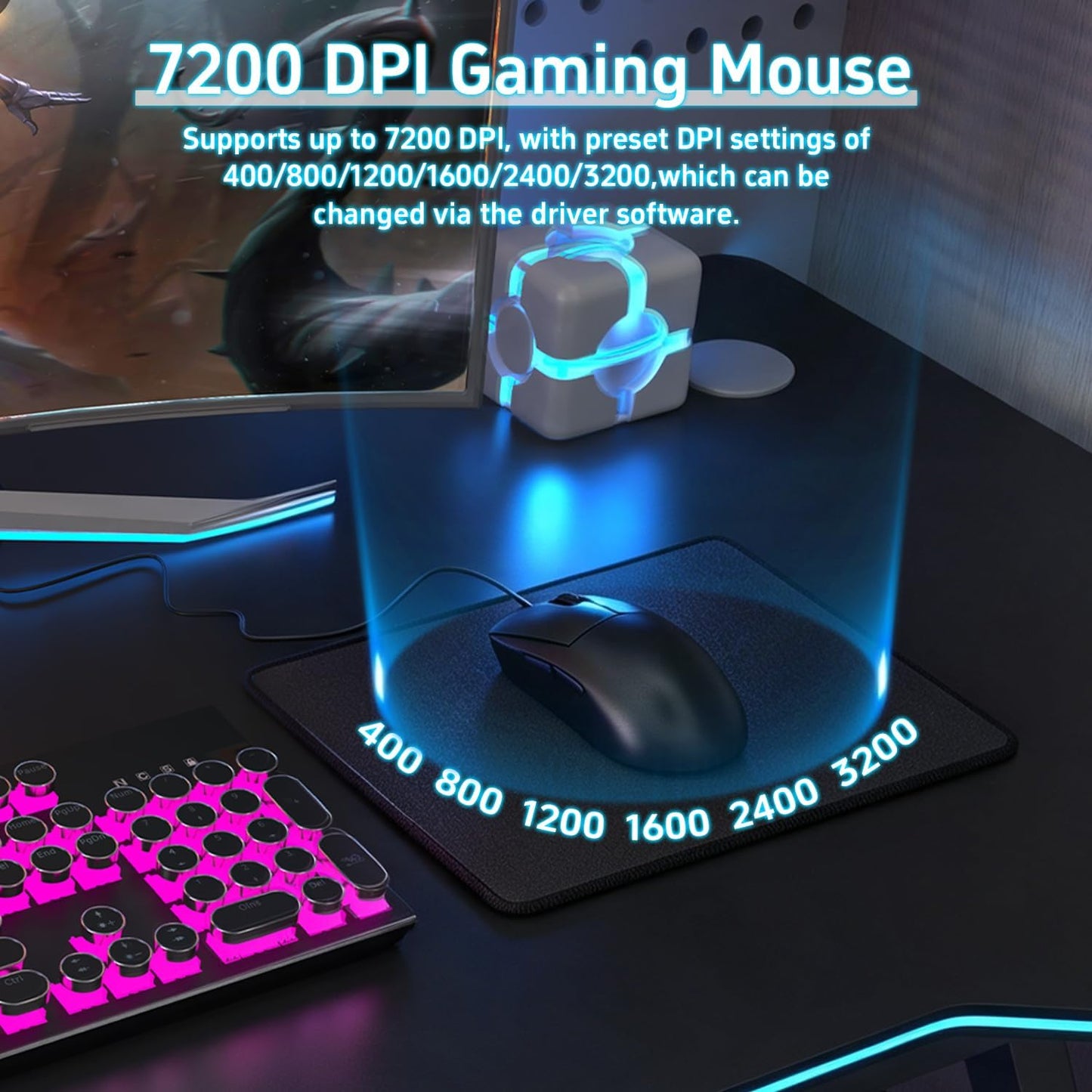 Bevewlpol Combo de teclado mecánico para juegos, teclado USB RGB co...