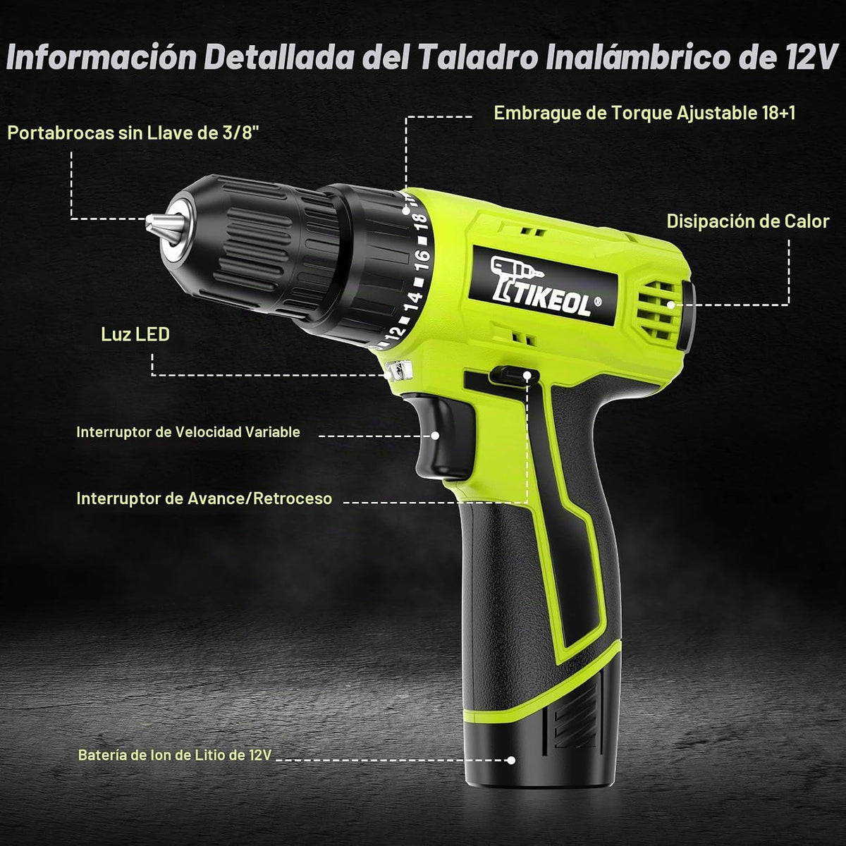 TIKEOL Juego de taladro inalámbrico de 12 V con batería y cargador,...