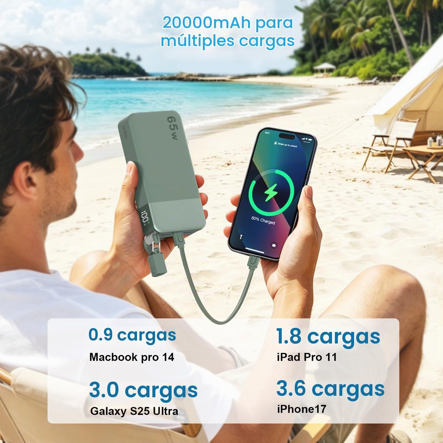 Cargador portátil NOBIS 20000mAh 65W Power Bank con cable desmontab...