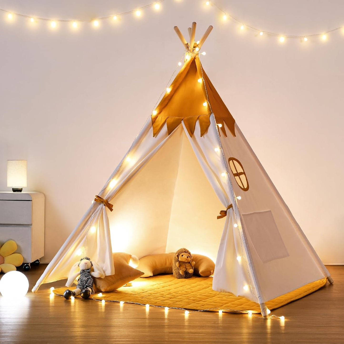 besrey Tienda de campaña tipi para niños con luz y alfombrilla, tie...