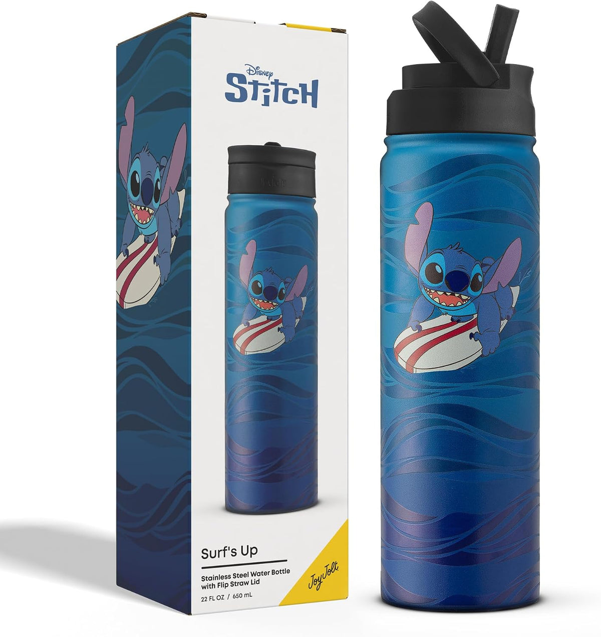 JoyJolt Disney Stitch Surf's Up - Botella de agua de acero inox...