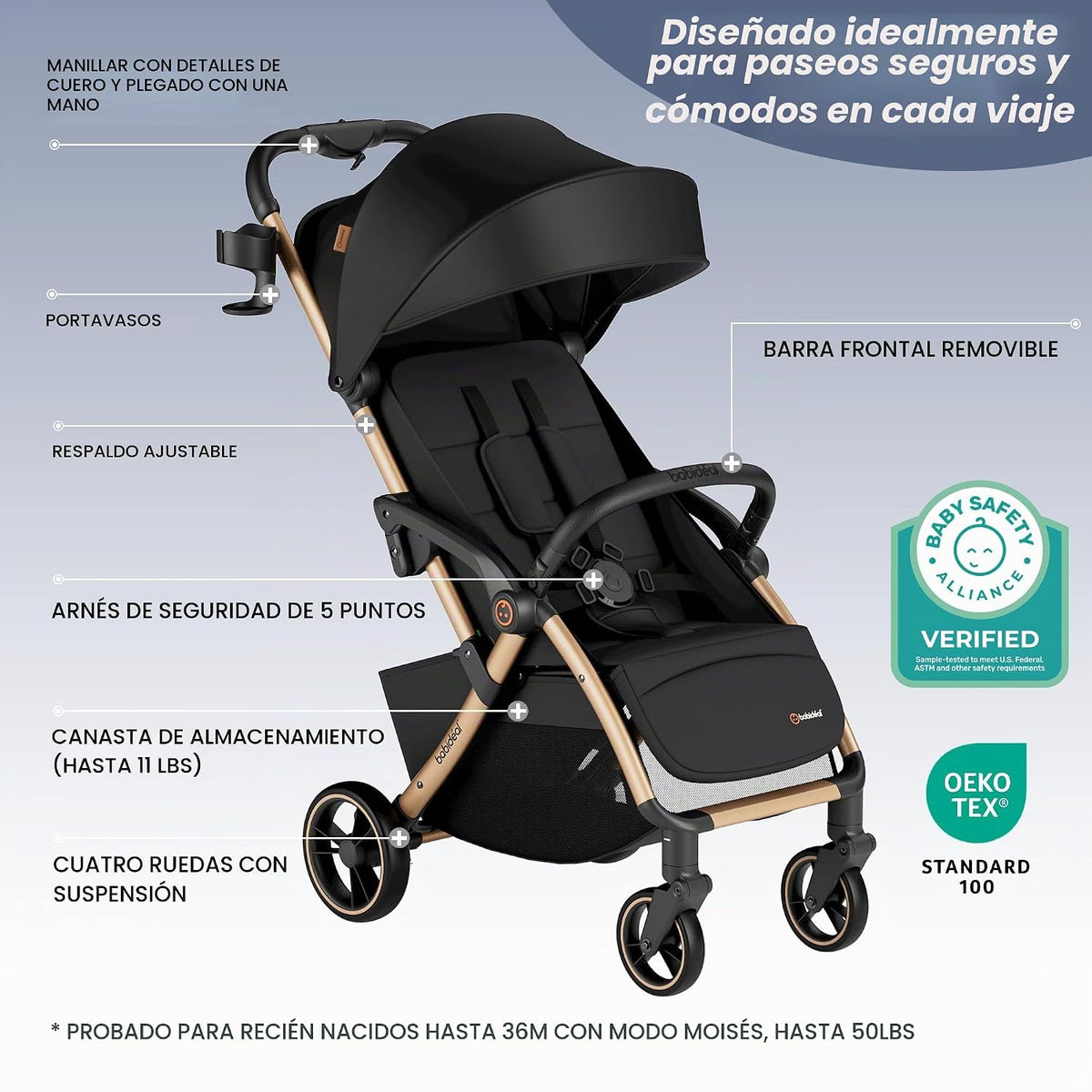 Babideal Cochecito de viaje ligero para bebé, cochecito auto plegab...