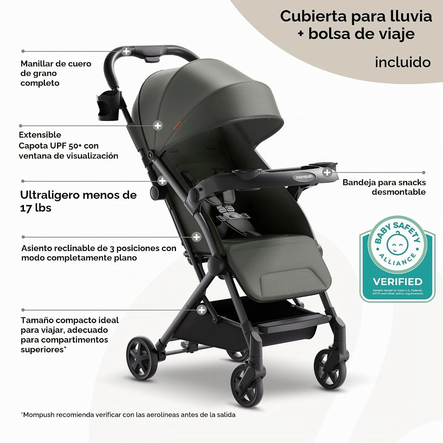 Mompush Lithe V2 - Cochecito de viaje ligero, compacto y plegable c...