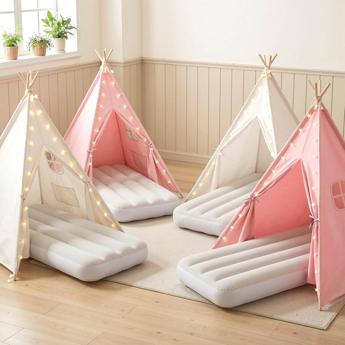 Wilwolfer Paquete de 4 tiendas de campaña tipi para niños con camas...