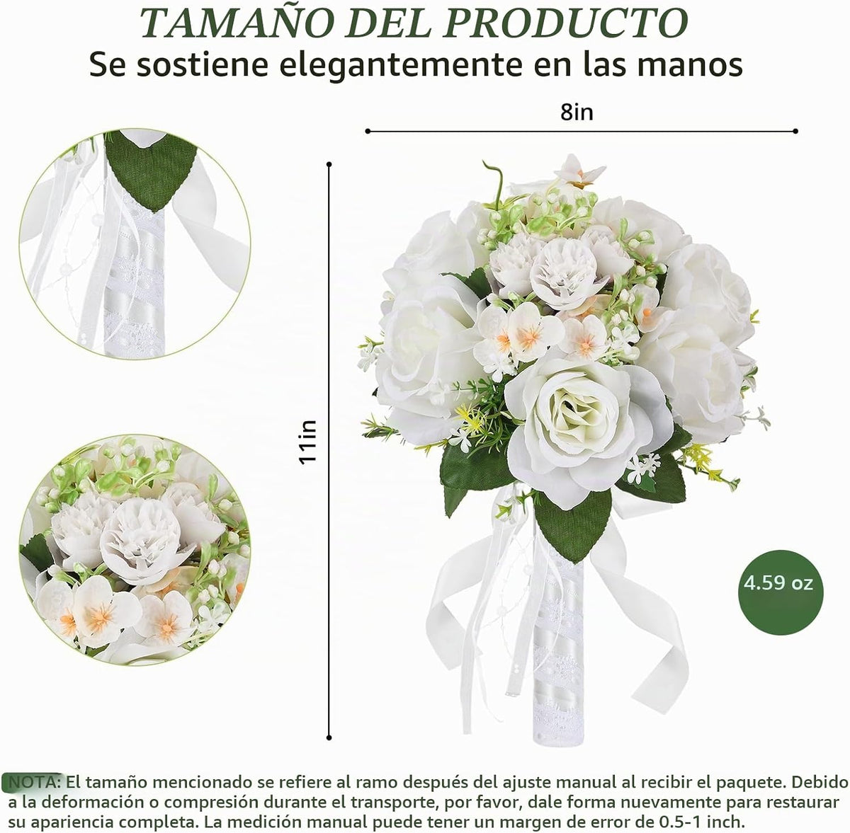 Qeedy Ramo de boda para novia, rosas artificiales de seda de 8 pulg...