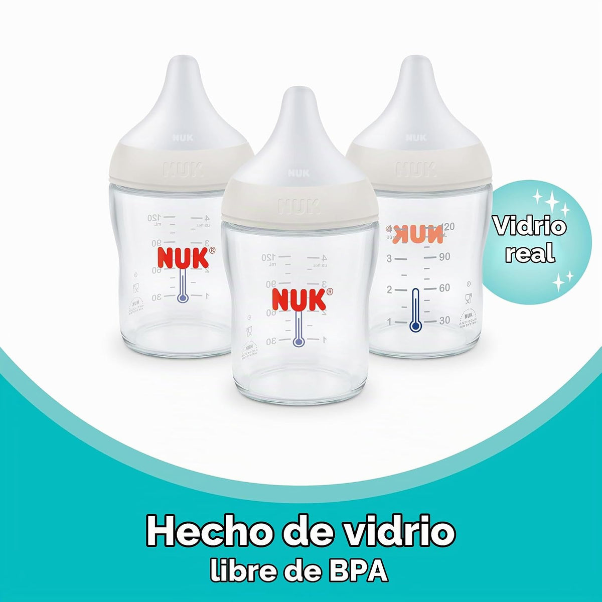 NUK Perfect Match - Botella de vidrio natural + anticólico, 4 onzas...