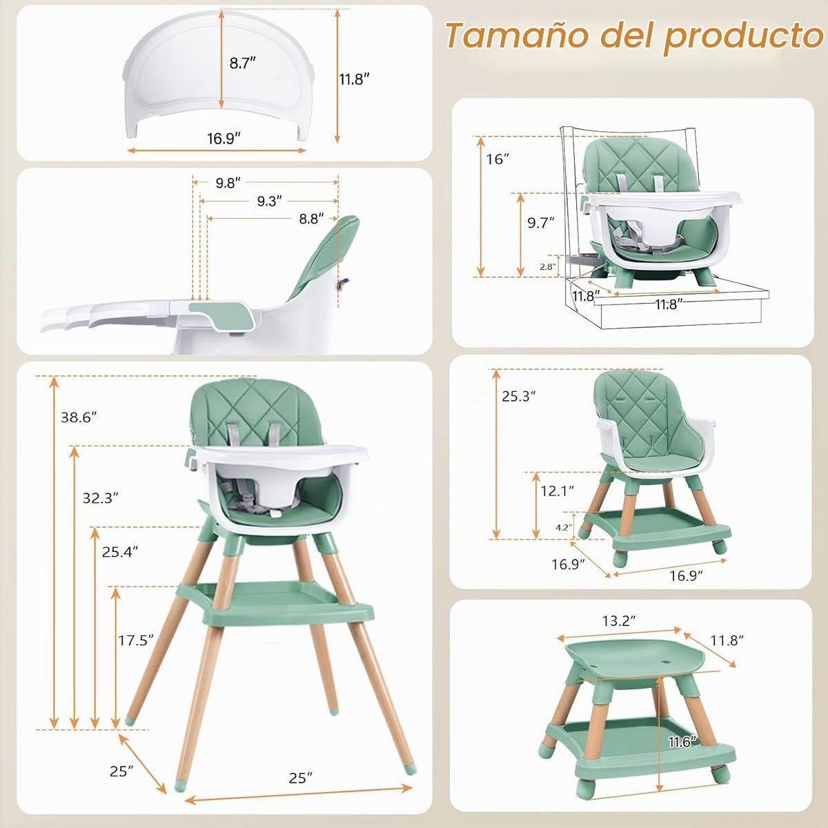 Babyliebe Silla alta para bebé, silla alta de madera convertible 8...