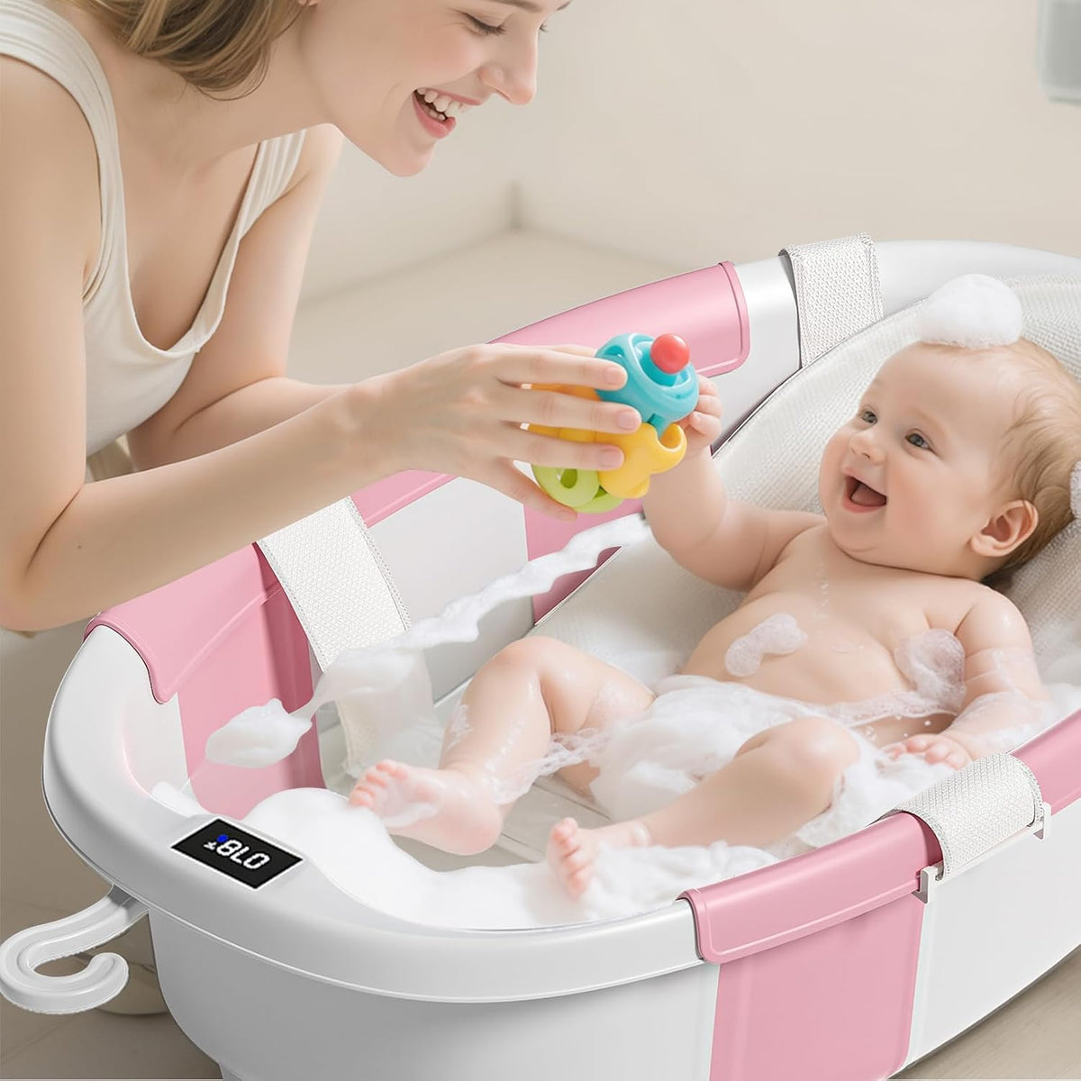 Bañera plegable para bebé con cojín suave y termómetro, para recién...