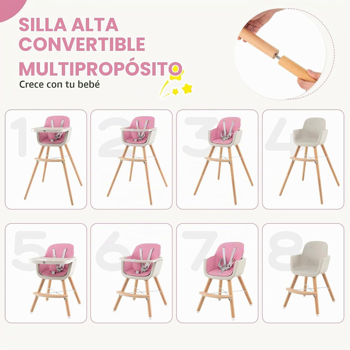 BABY JOY Trona convertible de bebé, 3 en 1, silla alta de madera\/a...
