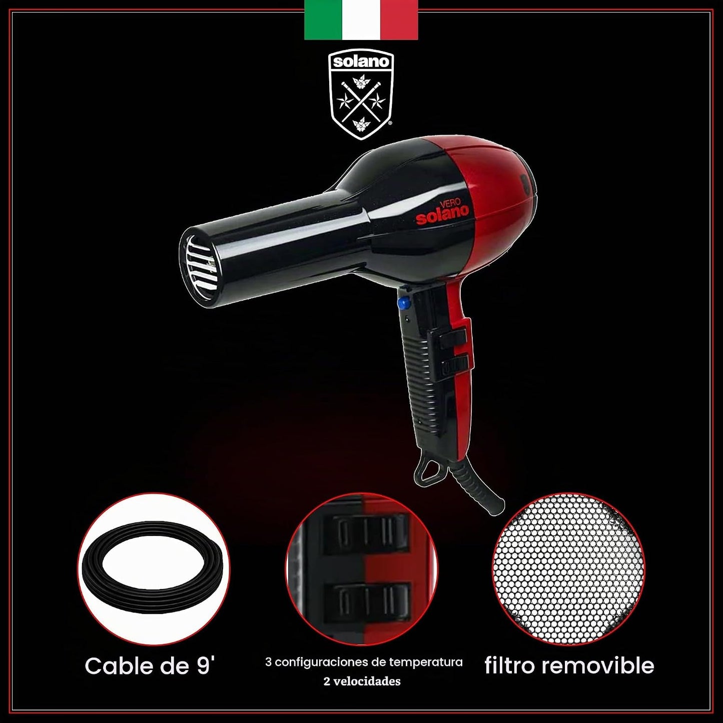 Solano Vero Rosso - Secador de pelo iónico de cerámica de 1600 W, t...