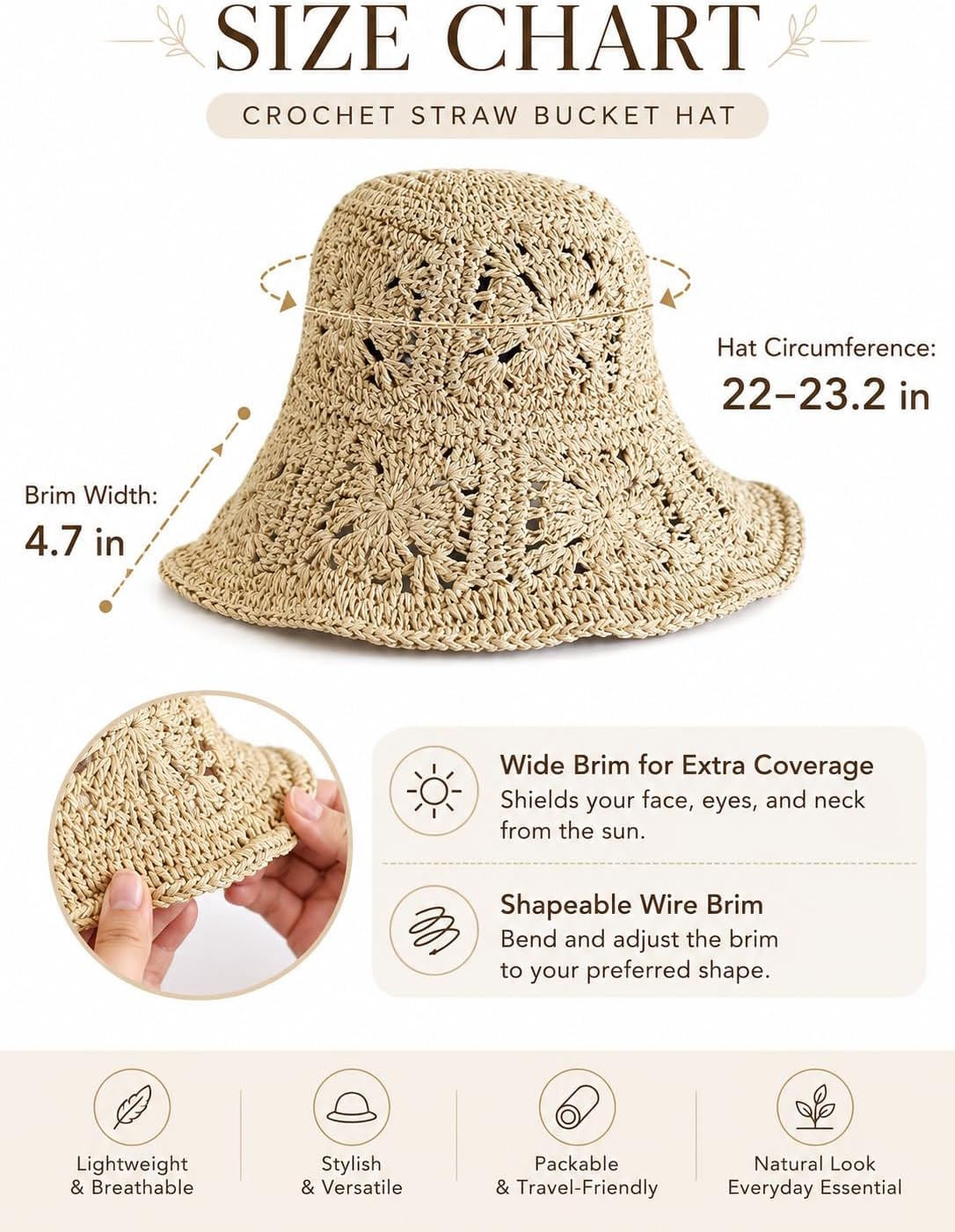 Sombrero de paja para mujer, sombrero de ganchillo tejido floral, a...