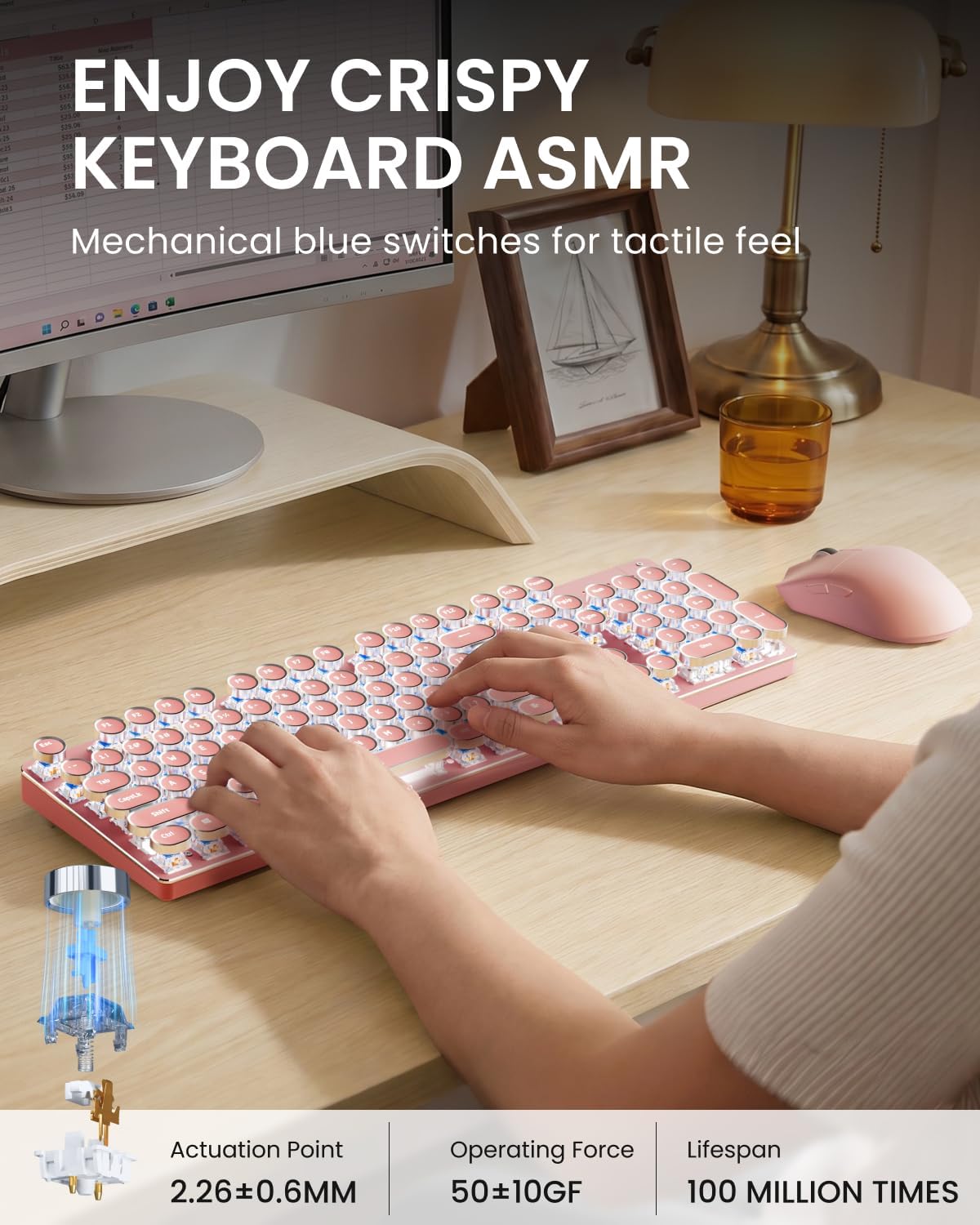 Combo de teclado y mouse inalámbricos, máquina de escribir retroilu...