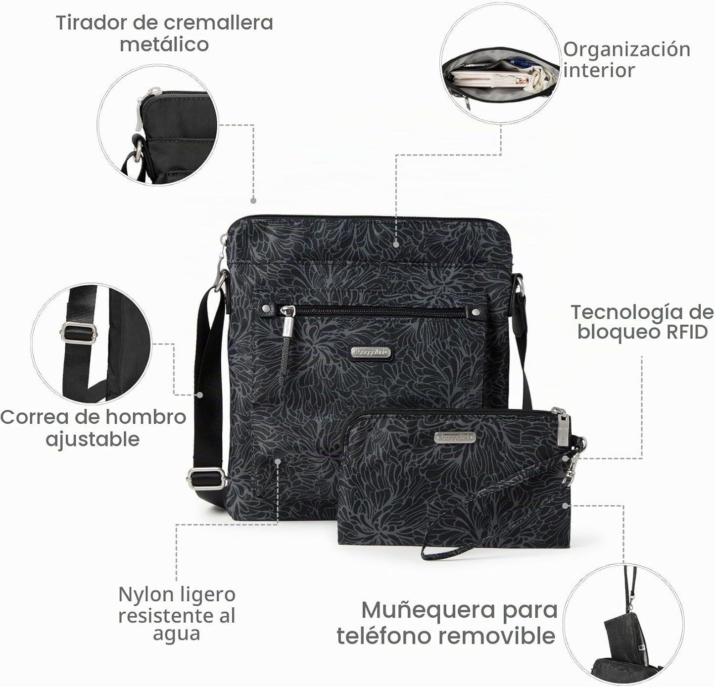 Baggallini Go Bagg para mujer con pulsera de teléfono RFID