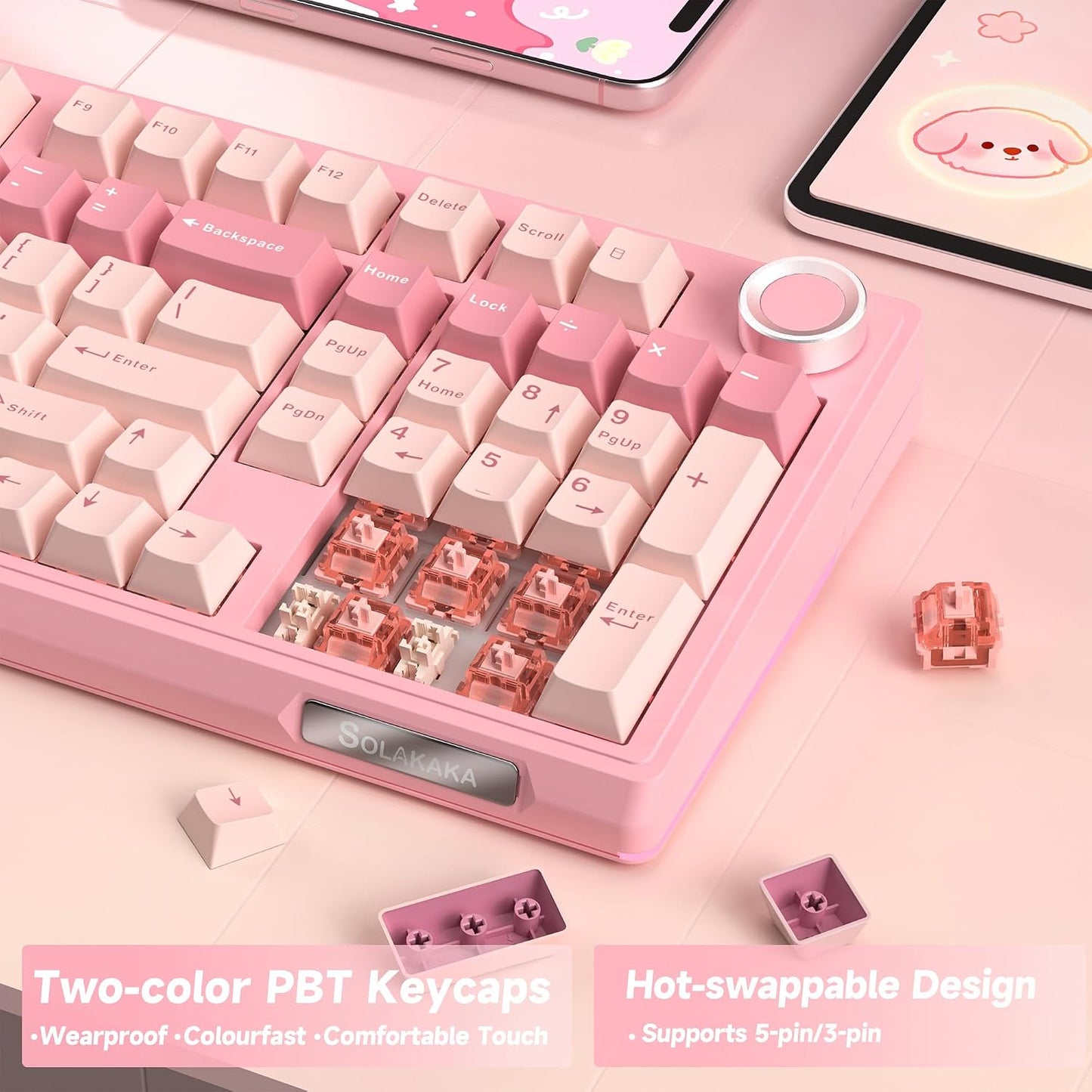 SOLAKAKA Teclado mecánico inalámbrico KI99 Pro 96% (rosa, interrupt...