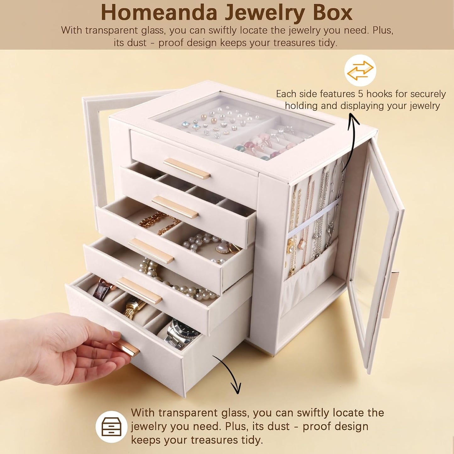 Homeanda - Joyero para mujer con tapa de vidrio, organizador y alma...