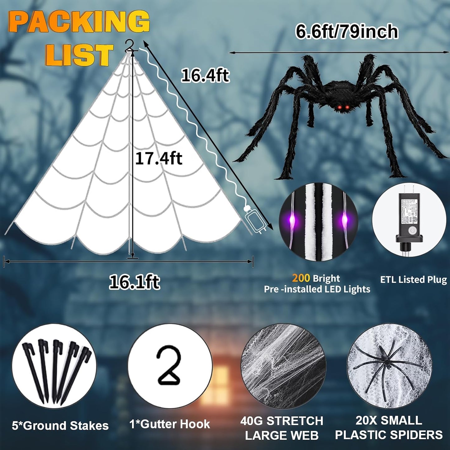 Decoraciones de Halloween al aire libre, 200 luces LED de telaraña...