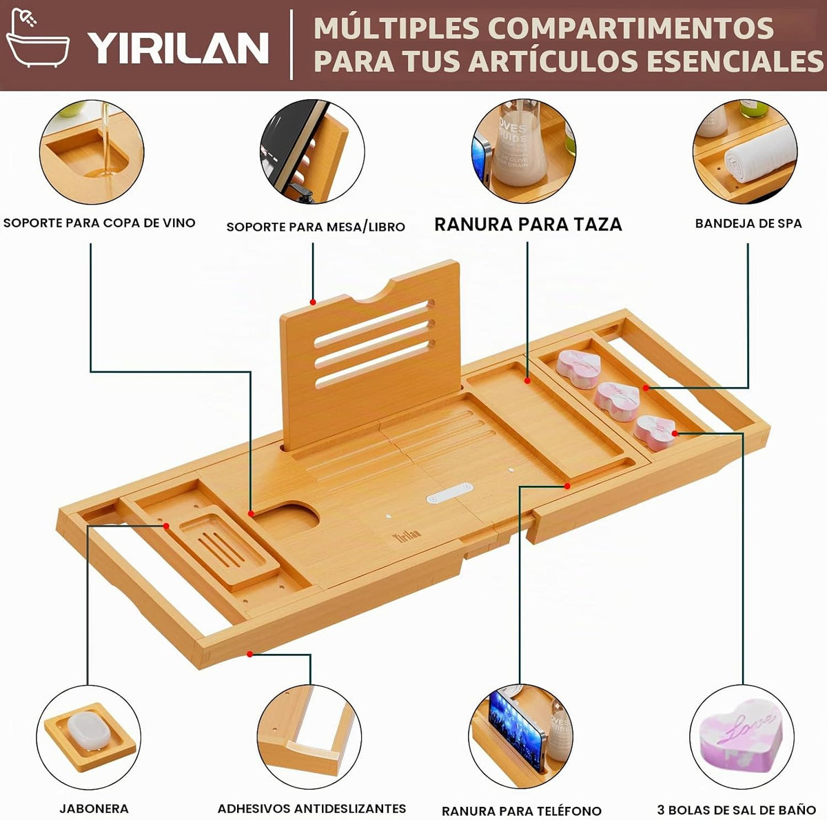 Yirilan Lux - Bandeja expandible para bañera con 3 bombas de baño,...