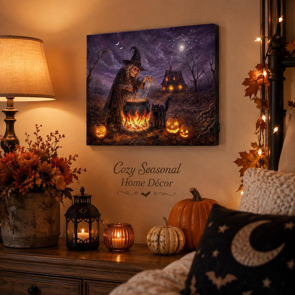 Artiluxy Lienzo iluminado de Halloween, caldero de bruja, 20.0 x 15...