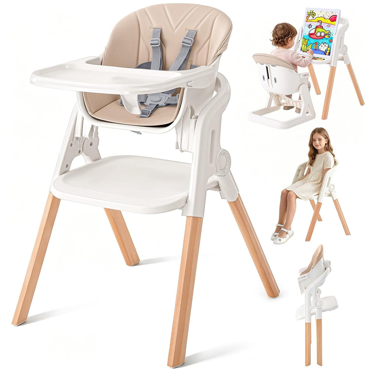 Silla alta plegable para bebé, sillas altas de madera convertibles...