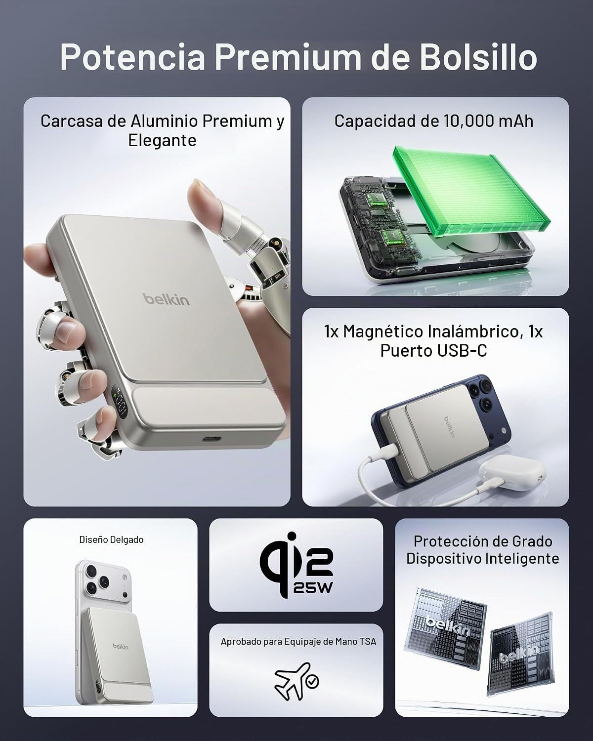Belkin Cargador portátil, banco de energía magnético delgado de 10,...