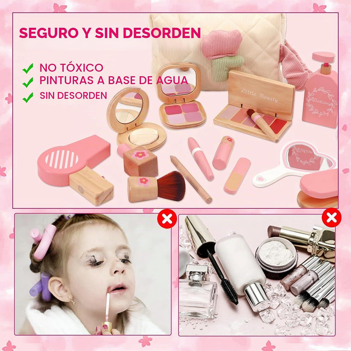 Juego de juguetes de maquillaje de madera para niñas, kit de maquil...