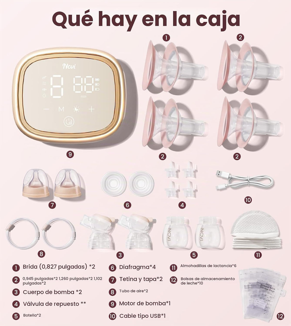 NCVI 8782 Pro Bomba de leche eléctrica 4400mAh batería con luz noct...
