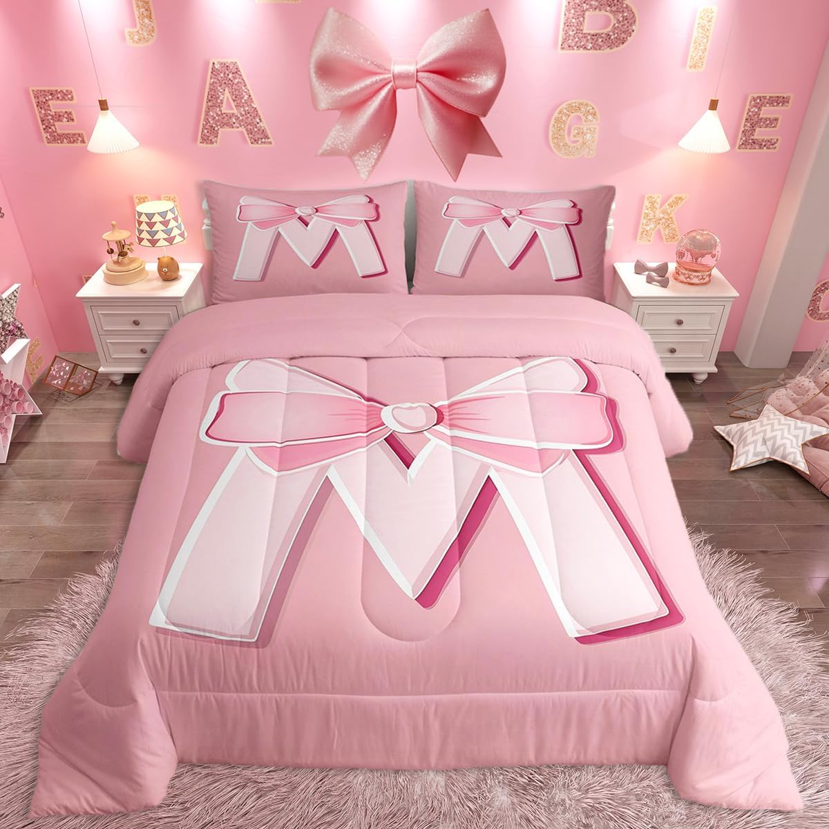 jejeloiu Juego de ropa de cama con lazo rosa, tamaño Queen, regalos...