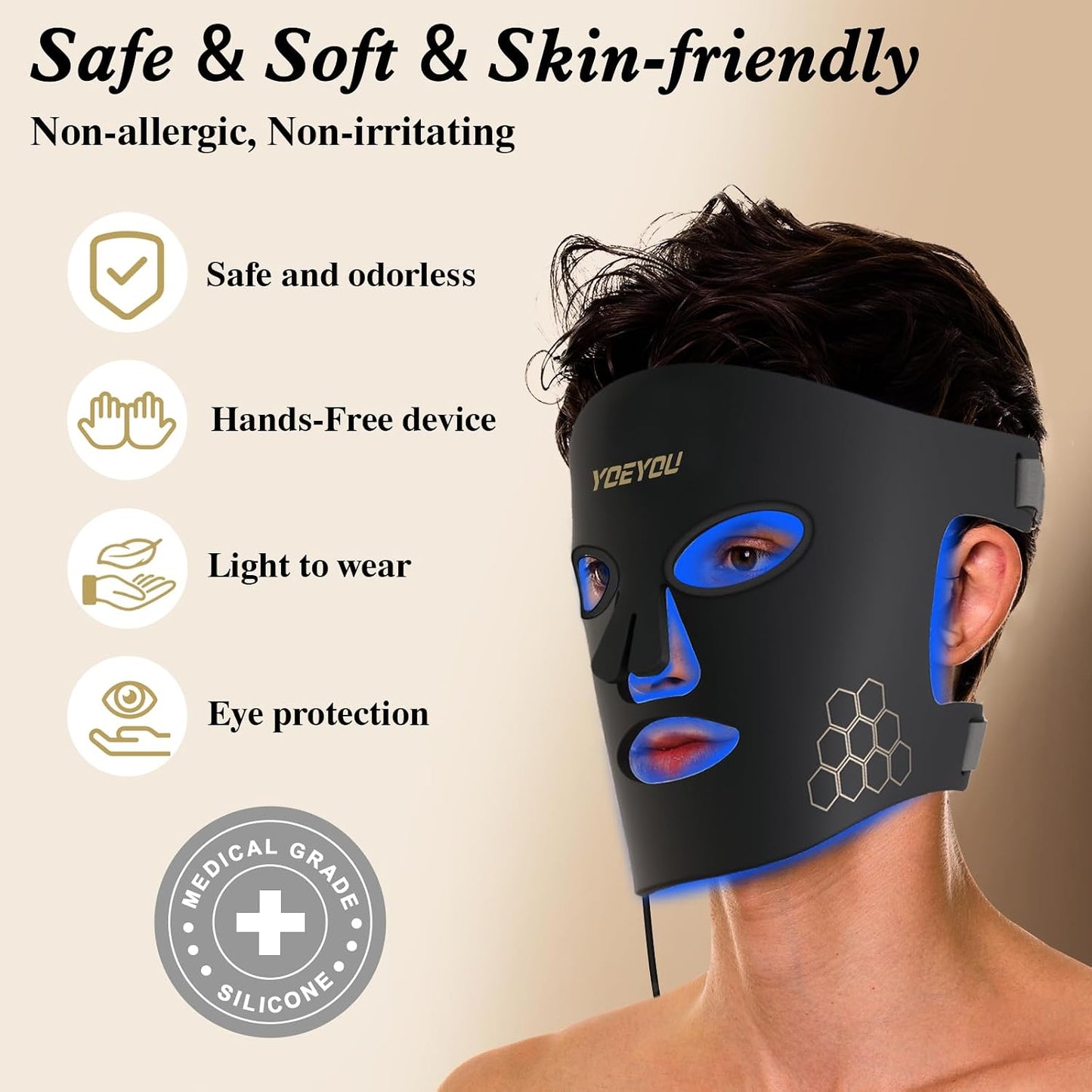 YOEYOU Terapia de luz roja para cara, máscara facial LED infrarroja...