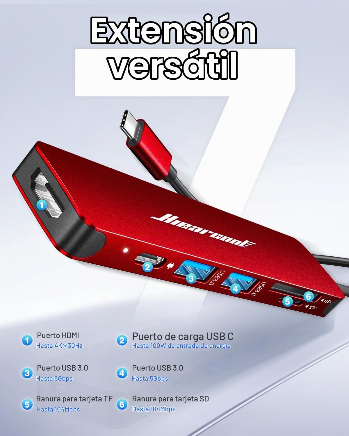 Hiearcool - Hub USB C 7 en 1, compatible con MacBook, color rojo os...