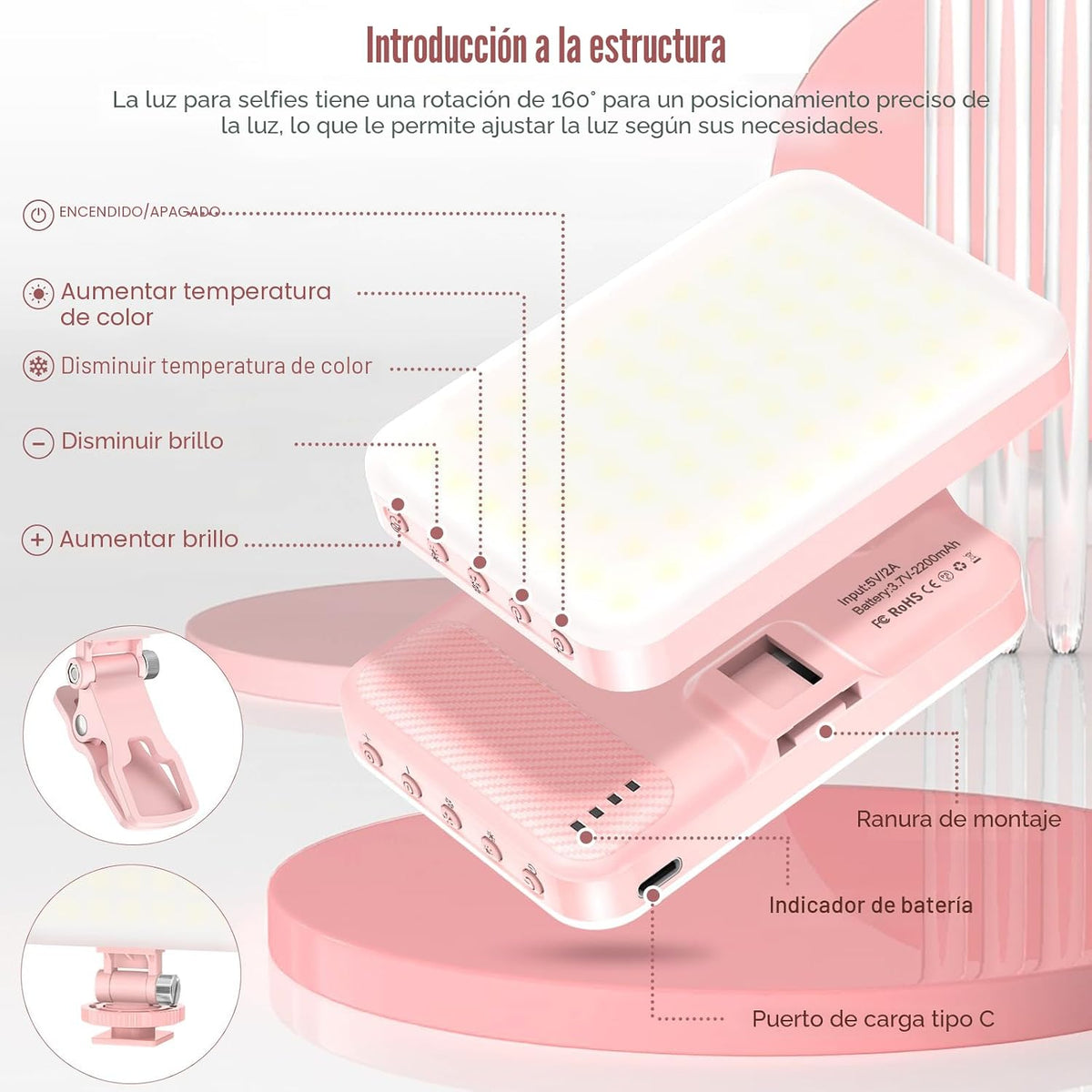 ALTSON 60 LED Luz portátil para selfie con clip y adaptador de tríp...