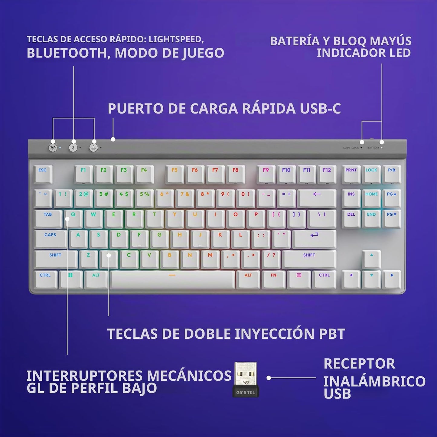 Logitech G515 Teclado inalámbrico para juegos TKL, LIGHTSYNC RGB, d...