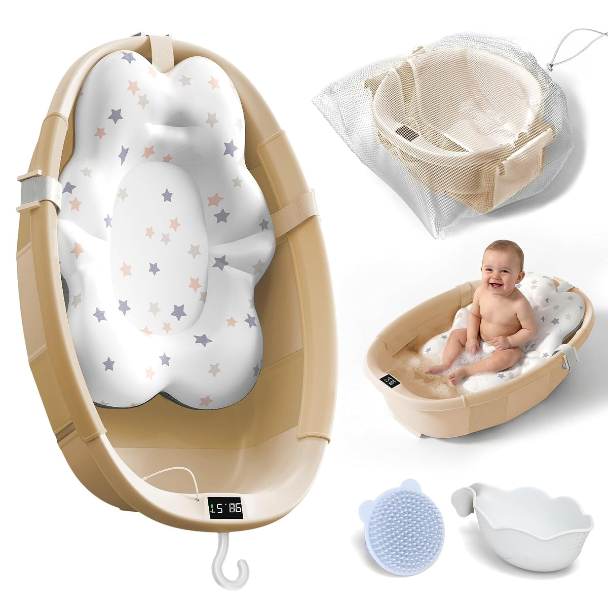 Bañera plegable para bebé, bañera grande con termómetro | Bañera es...