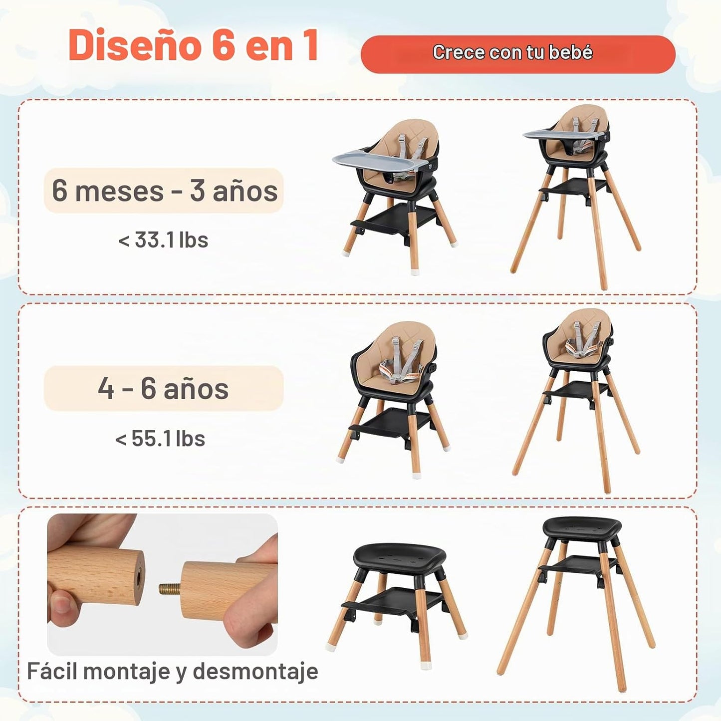 HONEY JOY Silla alta para bebé, silla alta convertible 6 en 1 de ma...