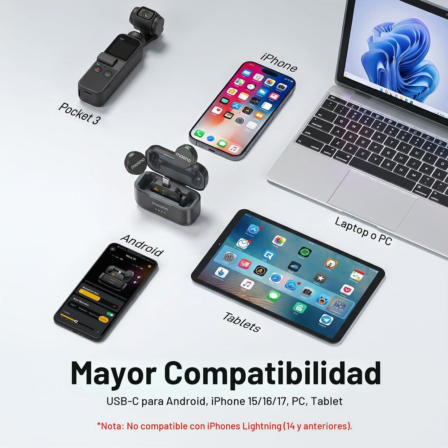 MAONO Micrófono inalámbrico Lavalier para iPhone 17\/16\/15\/Androi...
