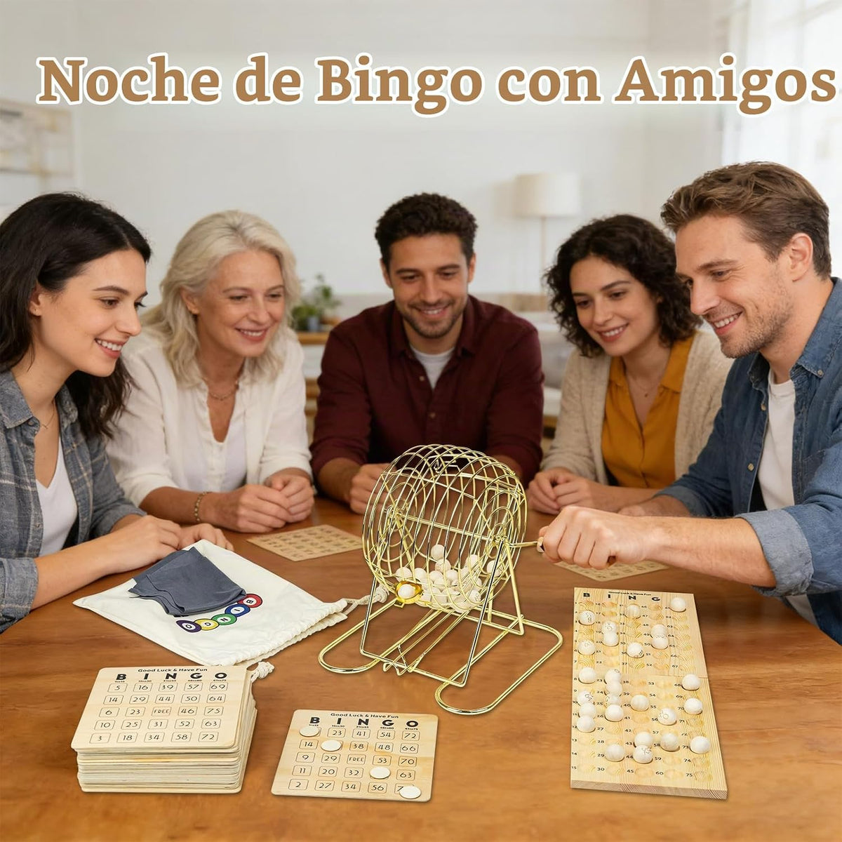 DigNew Juego de bingo de madera de lujo con jaula de bingo de metal...