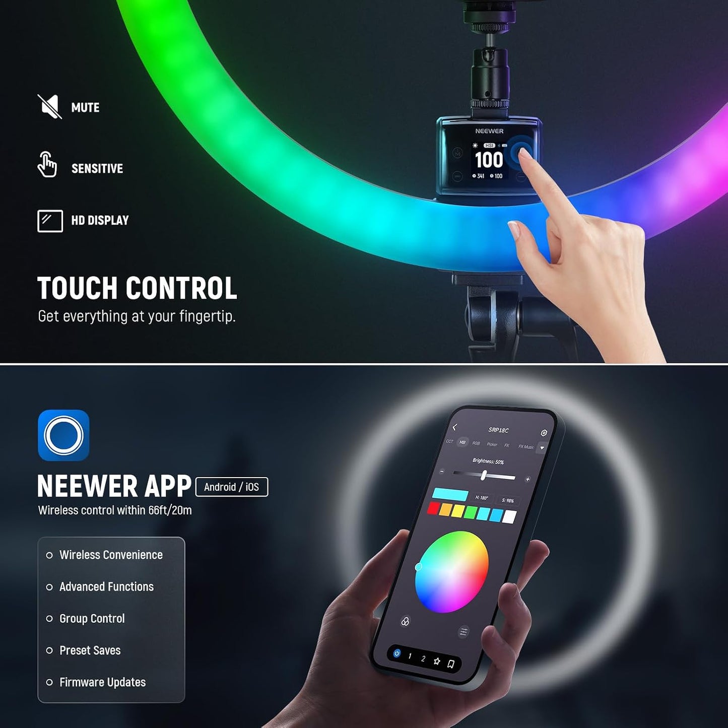 Neewer SRP18C - Anillo de luz LED RGB de 18 pulgadas con trípode re...