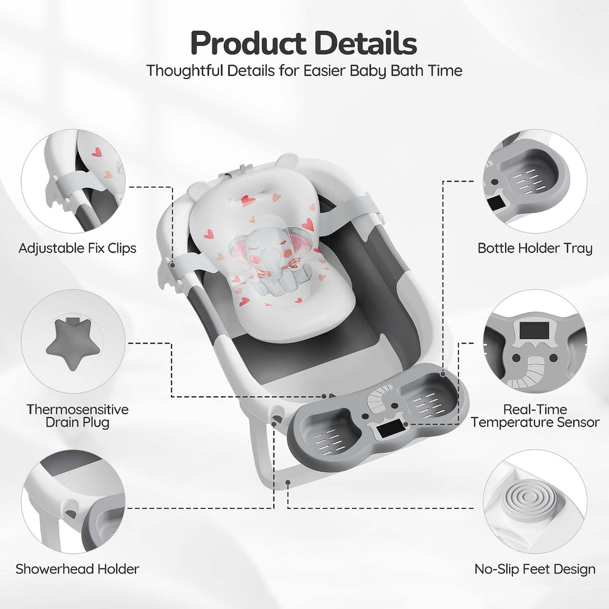 iBabyMax Elefante bañera para bebé, plegable, termómetro, gris | Te...