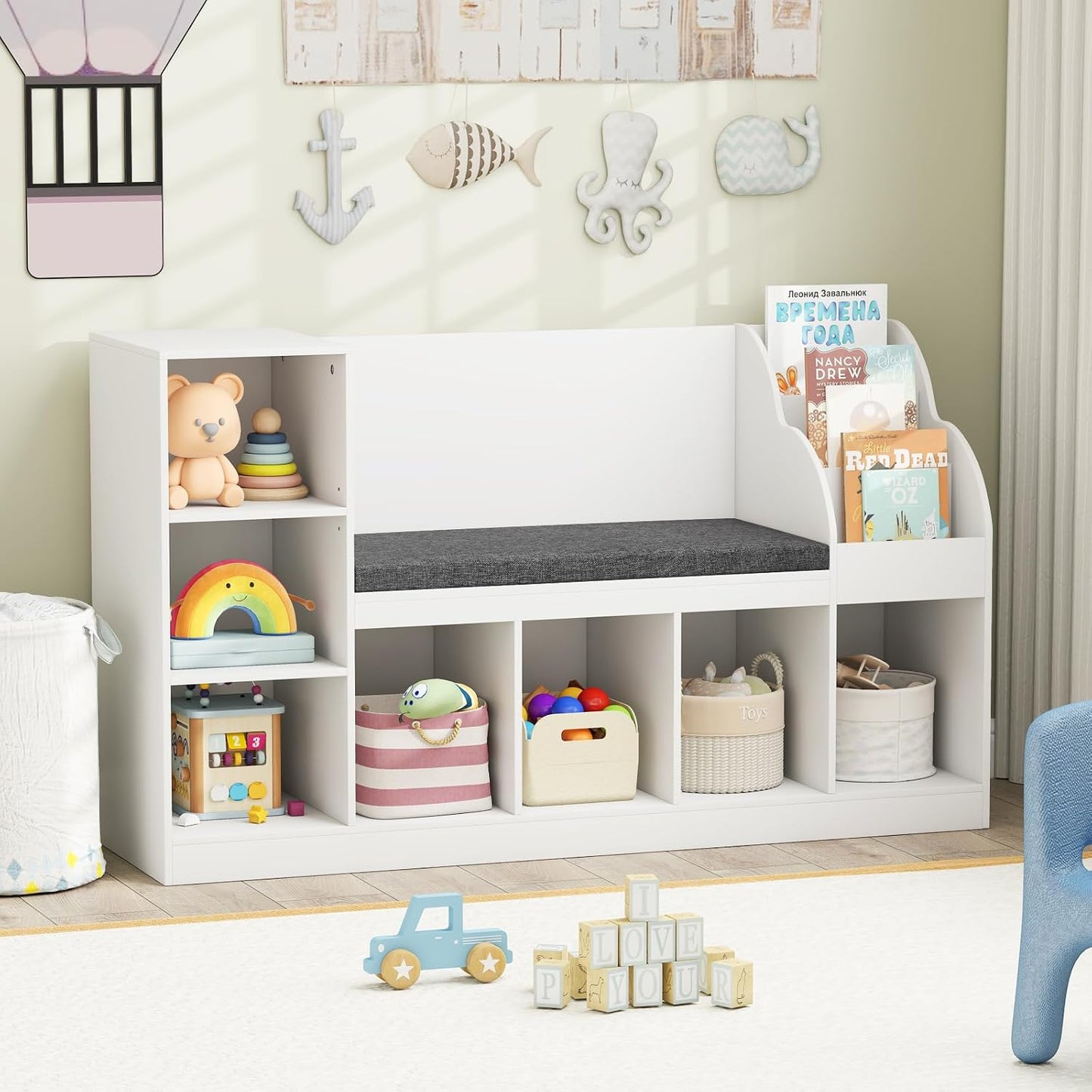 Costzon Estantería infantil de 53.5 pulgadas con rincón de lectura,...