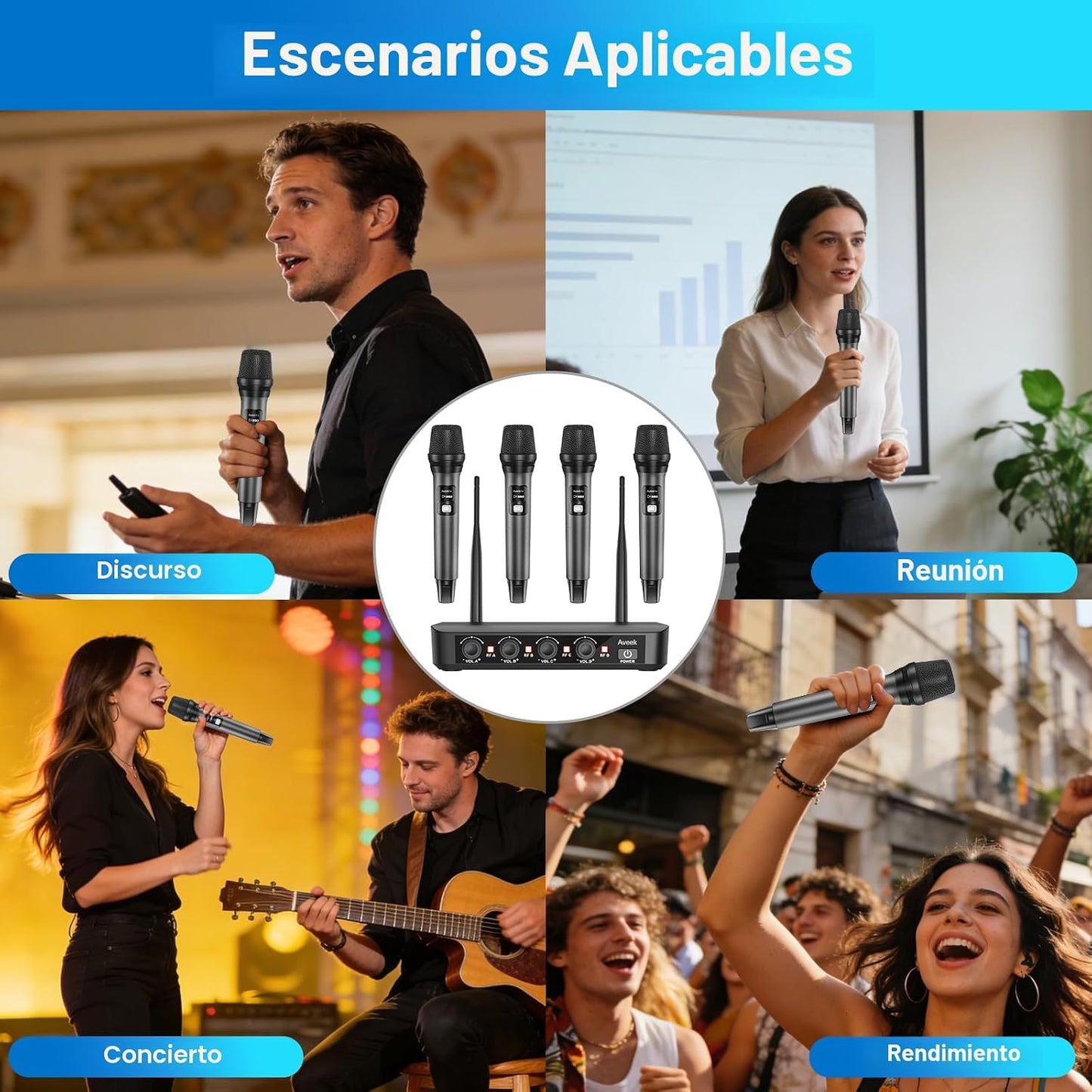 Aveek Sistema de micrófono inalámbrico, paquete de 4, micrófonos de...