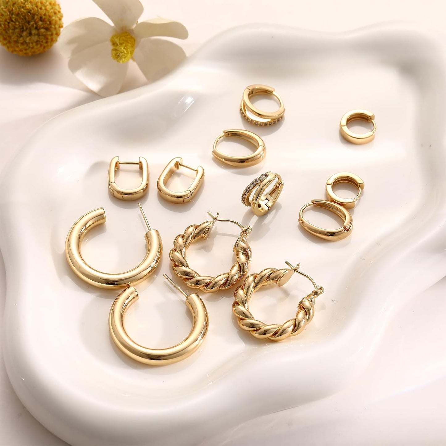 Juego de 9 pares de aretes pequeños tipo aro huggie de oro\/plata p...