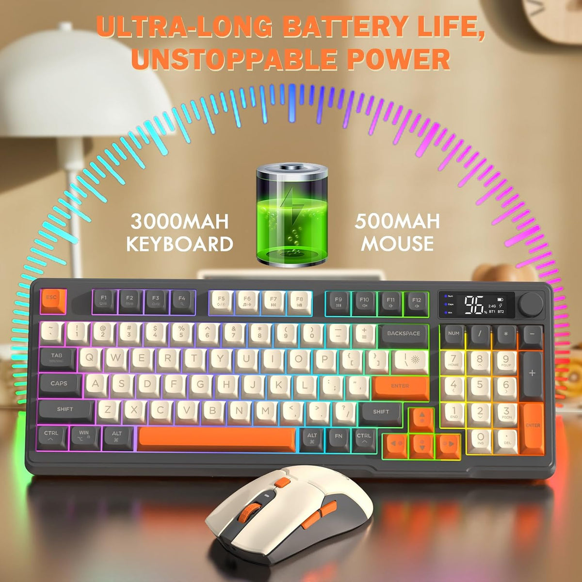 FREEWOLF T96 Smart Display Wireless Gaming Keyboard and Mouse Peine...