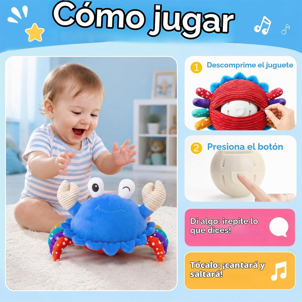 Juguete para bebé de cangrejo gateante, juguete interactivo para be...