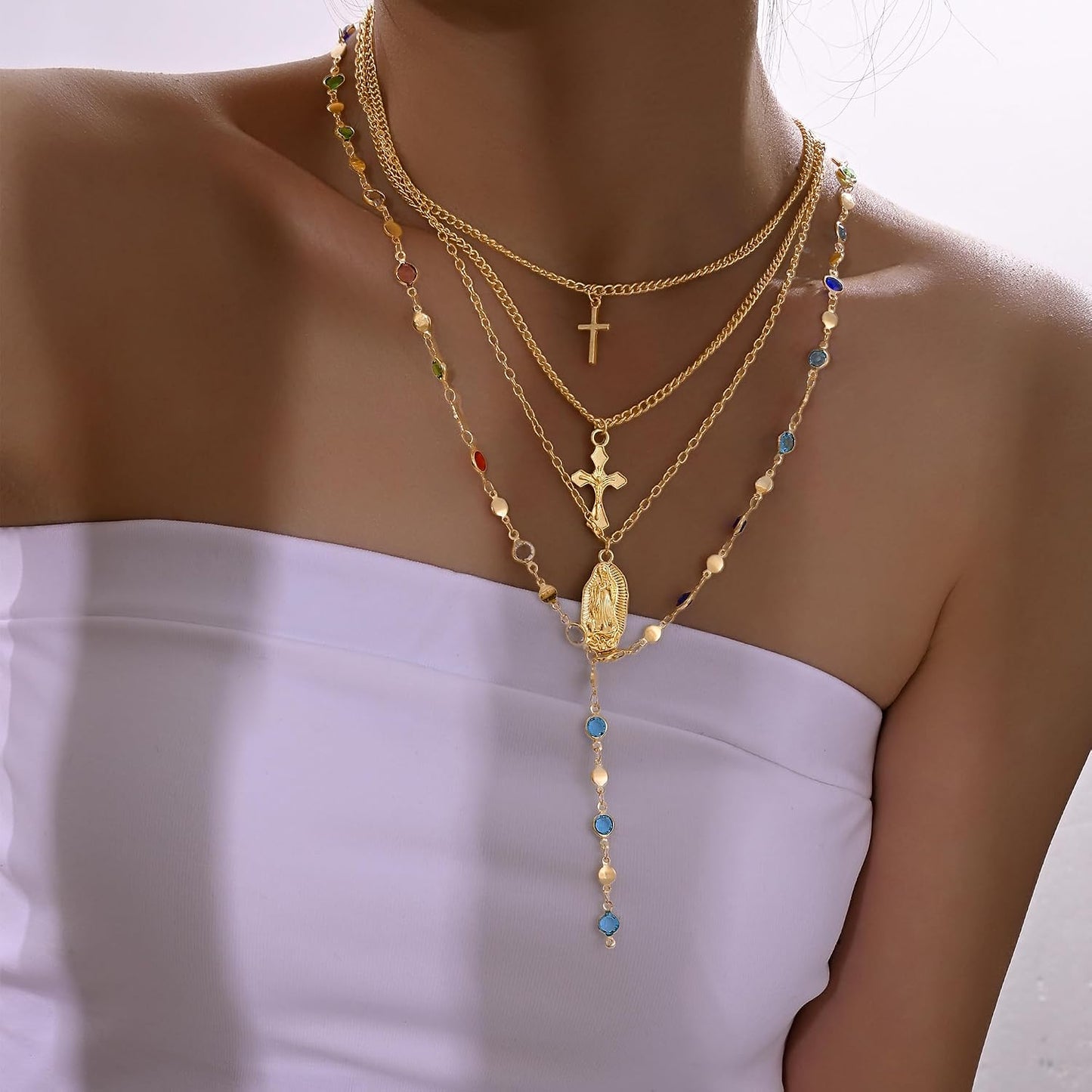4 piezas de collares de cruz dorados en capas para mujer, modernos,...