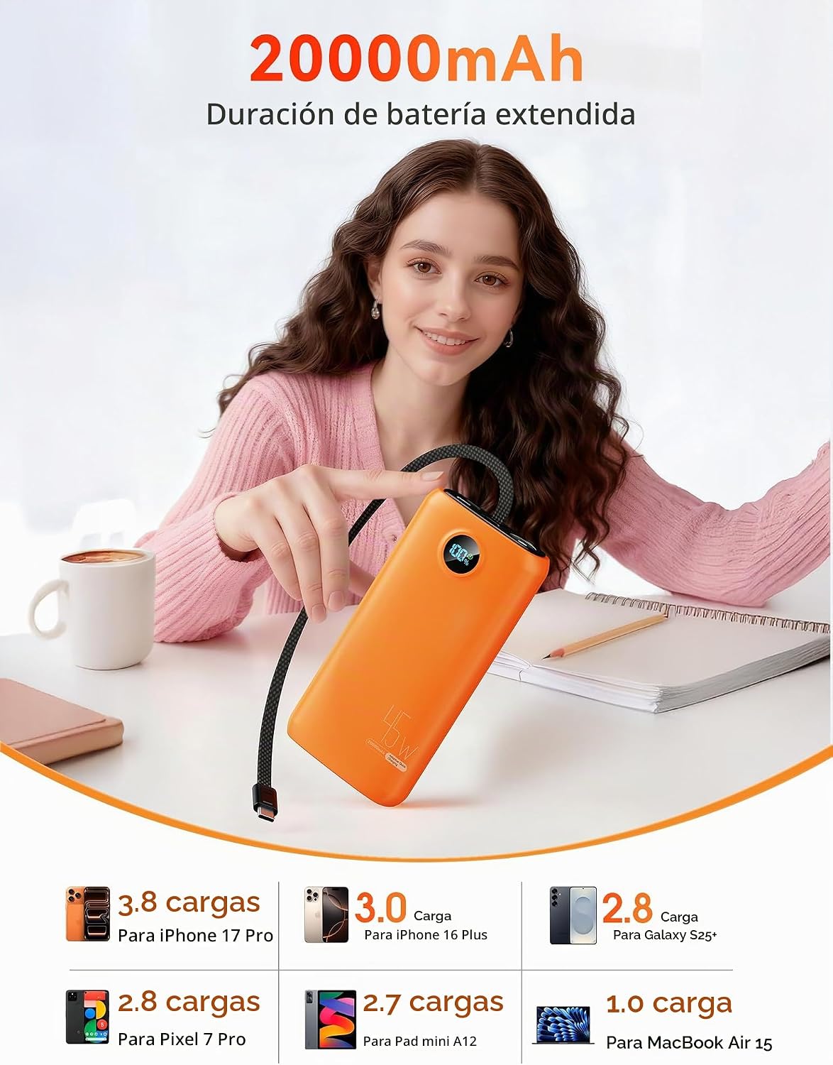 Cargador portátil, batería portátil de 45 W, 20000 mAh, con cable U...