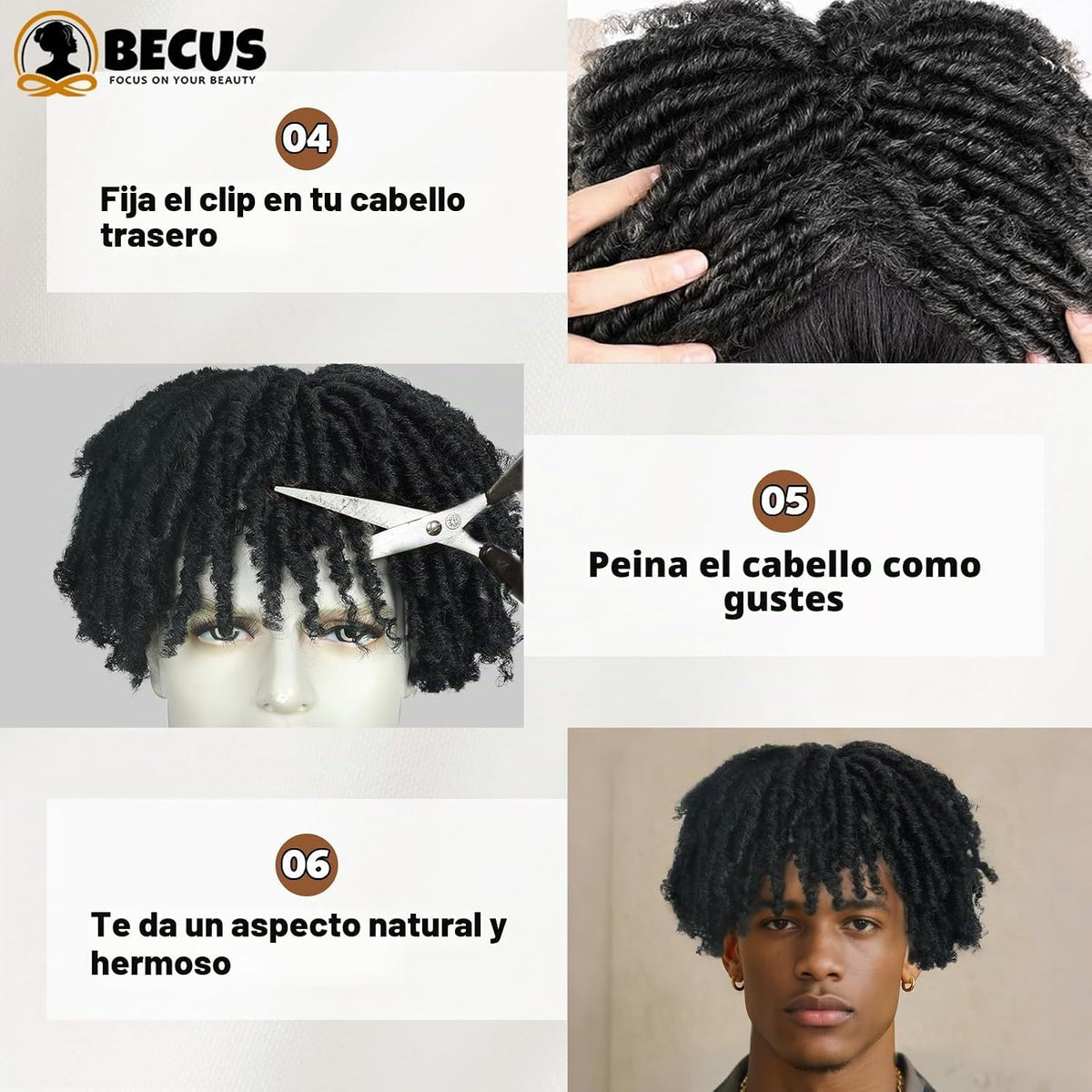BECUS Adorno de pelo de rastas para hombres, postizo trenzado con c...