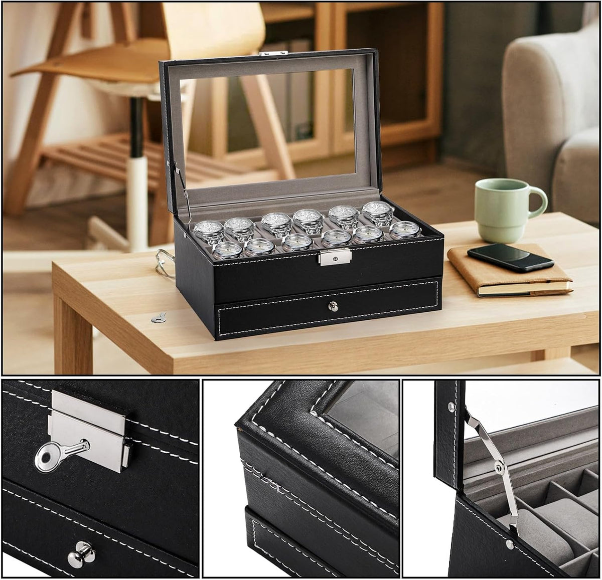 Tebery Caja de reloj de 12 ranuras con tapa de cristal, 2 capas de...